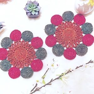 Festive Handmade Woven Floral Coasters (Set of 2)